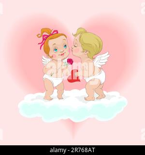 À la Saint-Valentin un ange un ange baisers Garçon Fille et présente un coeur à sa Illustration de Vecteur