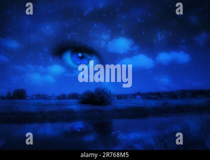 Paysage de nuit surréaliste avec 3D yeux humains dans le ciel, illustration abstraite. Banque D'Images