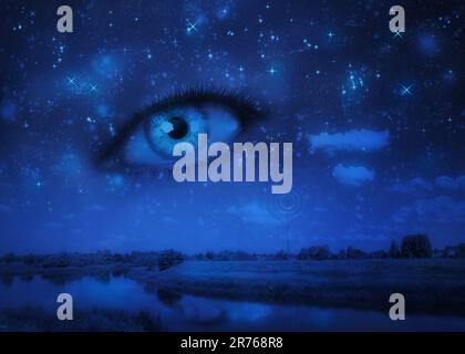 Paysage de nuit surréaliste avec 3D yeux humains dans le ciel, illustration abstraite. Banque D'Images