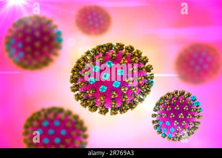 Virus de la grippe, illustration informatique. Chaque virus est constitué d'un noyau de matériel génétique de l'ARN (acide ribonucléique) entouré d'une couche protéique (pourpre). EM Banque D'Images