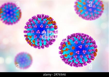 Virus de la grippe, illustration informatique. Chaque virus est constitué d'un noyau de matériel génétique d'ARN (acide ribonucléique) entouré d'une couche protéique (bleu). EMBe Banque D'Images