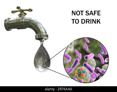 Sécurité de l'eau potable, image conceptuelle montrant des microbes dans une goutte d'eau du robinet. Banque D'Images