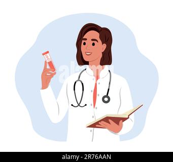 Jour de dépistage du VIH. Une jeune femme souriante médecin tient un tube avec du sang. Examen de laboratoire pour le VIH. Analyse pour la prévention du SIDA. 27 juin. Illustration de Vecteur