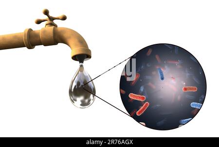 Sécurité de l'eau potable, image conceptuelle montrant des microbes dans une goutte d'eau du robinet. Banque D'Images