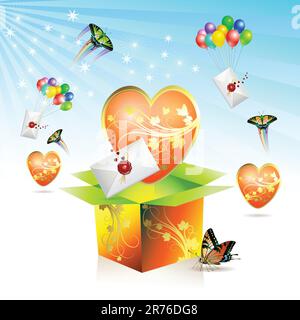 Boîte de Saint-Valentin, grand coeur, enveloppes soulevées par des ballons et des papillons, illustration vectorielle Illustration de Vecteur