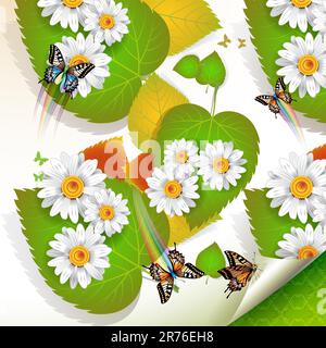 Fleurs sur les feuilles et les papillons, fond vectoriel Illustration de Vecteur