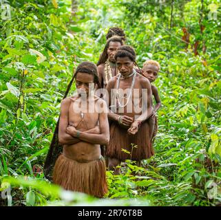 Les habitants du village de la tribu Korowai reviennent de la forêt. Tribu de Korowai (Kombai , Kolufo). Banque D'Images