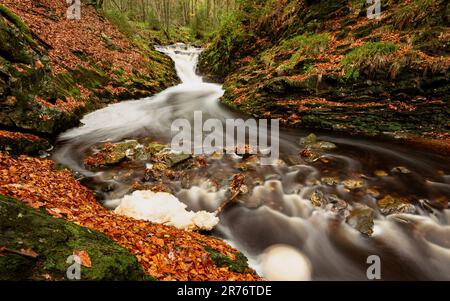 Une belle photo longue exposition d'une cascade entourée de végétation luxuriante et de rochers Banque D'Images