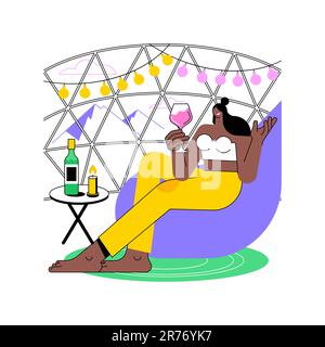 Illustrations vectorielles de dessins animés isolés et glamping. Jeune fille assise dans une tente de camping, vacances de glamping, vacances d'été, profiter de la nature, visite conceptuelle, personnage de dessin animé vecteur de style de vie. Illustration de Vecteur