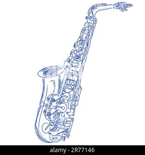 Dessin vectoriel d'un saxophone à l'encre bleue Illustration de Vecteur