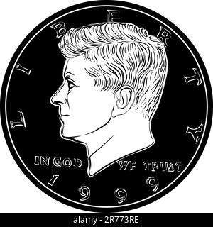 Les États-Unis coin demi-dollar avec John F Kennedy sur l'inverse. Image en noir et blanc Illustration de Vecteur