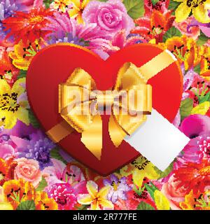 Cadeau en forme de coeur rouge avec noeud doré sur fond de fleur Illustration de Vecteur