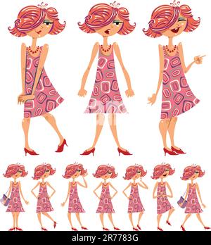 Illustrations de la petite fille de dessin animé ensemble dans différentes poses et expressions d'émotion. Illustration de Vecteur