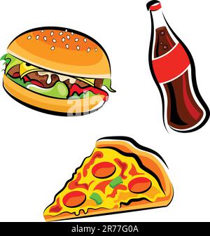 Illustration vectorielle de divers aliments de restauration rapide (hamburger, cola et tranche de pizza) Illustration de Vecteur