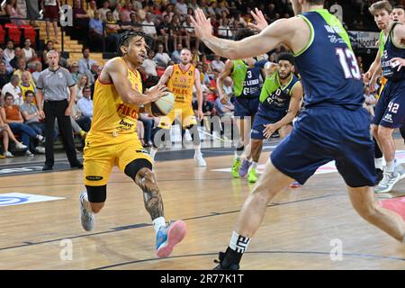 Ostende, Belgique. 13th juin 2023. Breein Tiree (5) de BCO photographié lors d'un match de basket-ball entre Belge BC Filou Oostende et ZZ Leiden le deuxième jour de match du jeu des champions, le mardi 13 juin 2023 au Versluys Core-TEC Dome à Oostende, Belgique . Credit: Sportpix / Alamy Live News Banque D'Images