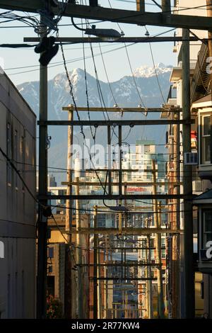 Poteaux électriques en bois et fils électriques aériens dans une allée, Vancouver, C.-B., Canada Banque D'Images