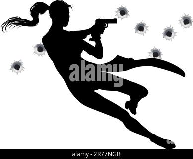 L'héroïne féminine sautant à travers l'air en mode Insert gunfight séquence d'actions. Illustration de Vecteur