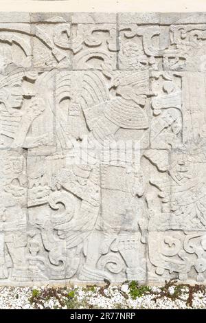 Détail d'une sculpture de relief représentant des joueurs de ballon maya au Grand terrain de bal de Chichen Itza, Yucatan, Yucatan Peninsular, Mexique. Banque D'Images