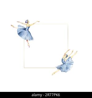 Couple Watercolor Ballerina Girls. Ballet Girl. Ballerines portant une robe bleue. Pose élégante. Ballet School Collection – Poster Design pour l'impression Banque D'Images