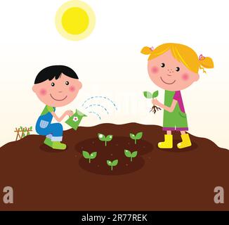 Garçon et fille plantant de petites plantes sur la ferme. Illustration vectorielle. Illustration de Vecteur