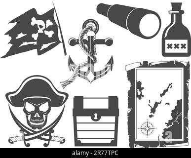 Jeu d'icônes noir et blanc pirate Illustration de Vecteur