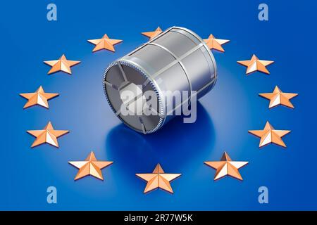 Rouleau de tôle d'acier, bobine en acier inoxydable sur drapeau de l'UE, rendu 3D Banque D'Images