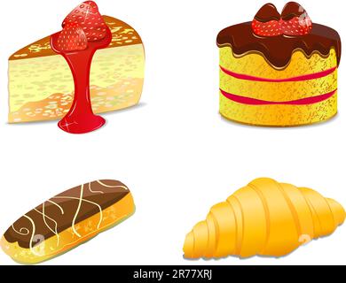 illustration de la variété de gâteaux. icon set, eclair, tranche, croissant isolé sur fond blanc Illustration de Vecteur