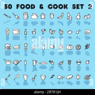 icônes d'accueil 50 symboles de nourriture et de cuisson vectoriels bleus, emblème, jeu d'étiquettes 2. arrière-plan avec décor élément thème de la cuisine et de la nourriture Illustration de Vecteur