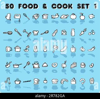 icônes d'accueil 50 symboles de nourriture et de cuisson vectoriels bleus, emblème, jeu d'étiquettes 1. arrière-plan avec décor élément thème de la cuisine et de la nourriture Illustration de Vecteur