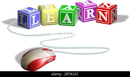 La souris connectés aux blocs alphabet lettre formant le mot apprendre. Concept pour l'e-learning. Illustration de Vecteur