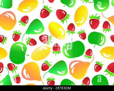 Motif sans couture aux fruits avec citrons, pommes, poires et fraises dans le style 3D. Mélange de fruits d'été : citron, pomme, poire, fraise sur fond blanc Illustration de Vecteur