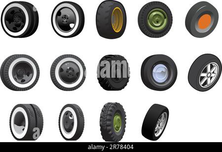 Divers pneus et roues. Gradients simples uniquement - pas de maillage de gradient. Illustration de Vecteur