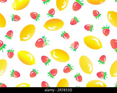 Motif sans couture avec citrons et fraises dans le style 3D. Mélange de fruits d'été avec fraise et citron sur fond blanc. Design pour l'impression, le tissu Illustration de Vecteur