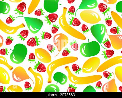 Motif fruité sans couture avec fraises, pommes, bananes, poires, citrons en style 3D. Mélange fruits-baies d'été sur fond blanc. Conception pour l'impression, Illustration de Vecteur