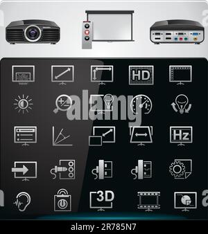 Ensemble d'icônes représentant les caractéristiques et les caractéristiques des projecteurs vidéo modernes Illustration de Vecteur