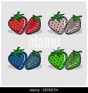 Dessin animé aux fraises avec quatre couleurs, effet simple et différent. Vecteur et illustration. Illustration de Vecteur