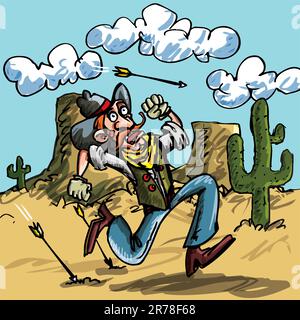 Cow-boy de dessin animé courant des flèches indiennes. Il est dans le désert il y a un cactus derrière lui Illustration de Vecteur