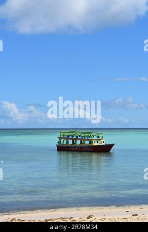 Des bateaux à fond de verre à Pigeon point transportent des touristes dans des excursions pour voir le récif de Buccoo, Nylon Pool et No Man's Land à Tobago. Banque D'Images