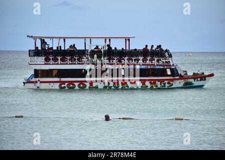 Des bateaux à fond de verre à Pigeon point transportent des touristes dans des excursions pour voir le récif de Buccoo, Nylon Pool et No Man's Land à Tobago. Banque D'Images