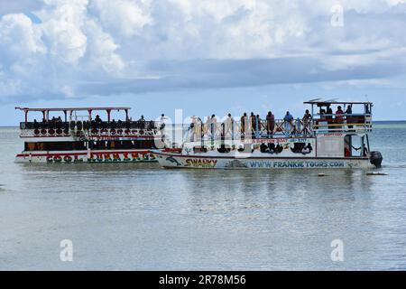 Des bateaux à fond de verre à Pigeon point transportent des touristes dans des excursions pour voir le récif de Buccoo, Nylon Pool et No Man's Land à Tobago. Banque D'Images