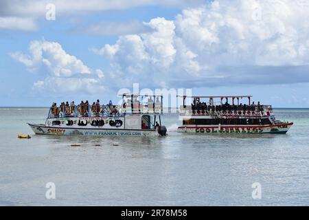 Des bateaux à fond de verre à Pigeon point transportent des touristes dans des excursions pour voir le récif de Buccoo, Nylon Pool et No Man's Land à Tobago. Banque D'Images