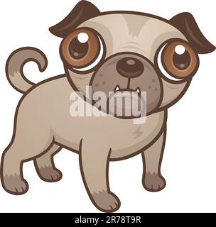 Cartoon Vector illustration d'un mignon chiot Pug dog avec de très grands yeux bruns. Illustration de Vecteur