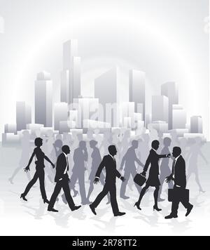 Des groupes de gens d'affaires se précipiter en face de city skyline Illustration de Vecteur