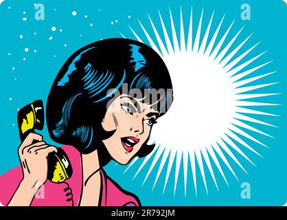 Angry Woman on Phone Retro clip Art bandes dessinées style livre Illustration de Vecteur