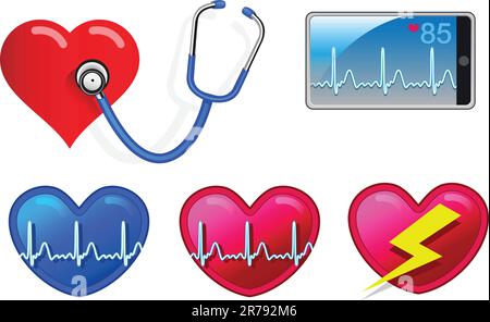 Les dispositifs de surveillance du rythme cardiaque notamment stéthoscope, smart phone et icônes du coeur Illustration de Vecteur