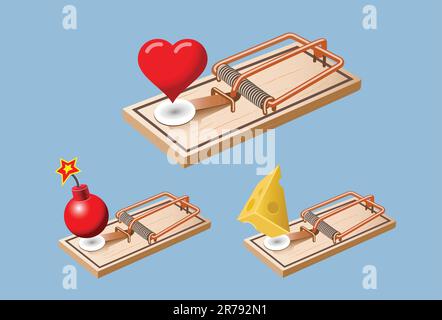 Cœur, de bombe et les pièges de la souris au fromage Illustration de Vecteur