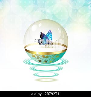Papillon isolé dans un globe de verre suspendu avec des vagues Illustration de Vecteur