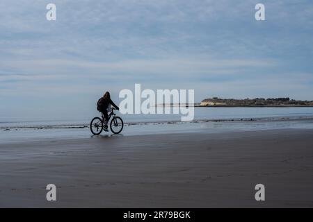 Puerto Madryn, Argentine. 13th juin 2023. Une femme fait du vélo sur une plage à Puerto Madryn, en Argentine, sur 13 juin 2023. Des milliers de baleines viennent se reproduire et se calment ici entre juin et décembre chaque année. Crédit: Wang Tiancong/Xinhua/Alamy Live News Banque D'Images
