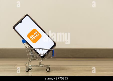 Carrara, Italie - 10 juin 2023 - Temu shopping app sur un smartphone dans un panier Banque D'Images