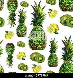 Motif sans couture avec ananas et fruits au citron et feuilles de couleur bleue et jaune. Aquarelle dessin à la main illustration isolée sur blanc Banque D'Images